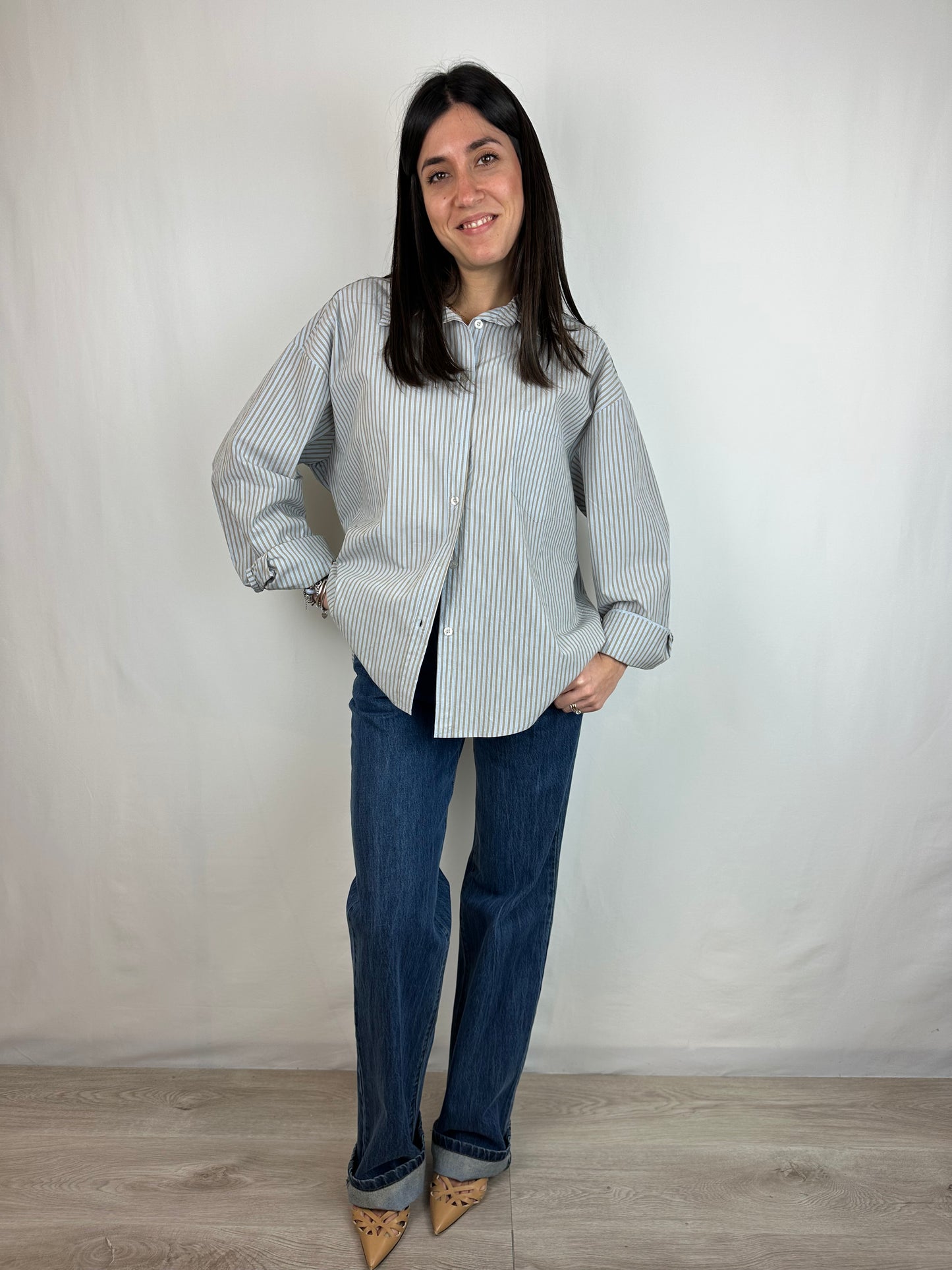 CAMICIA RIGHE AZZURRO|NOCCIOLA