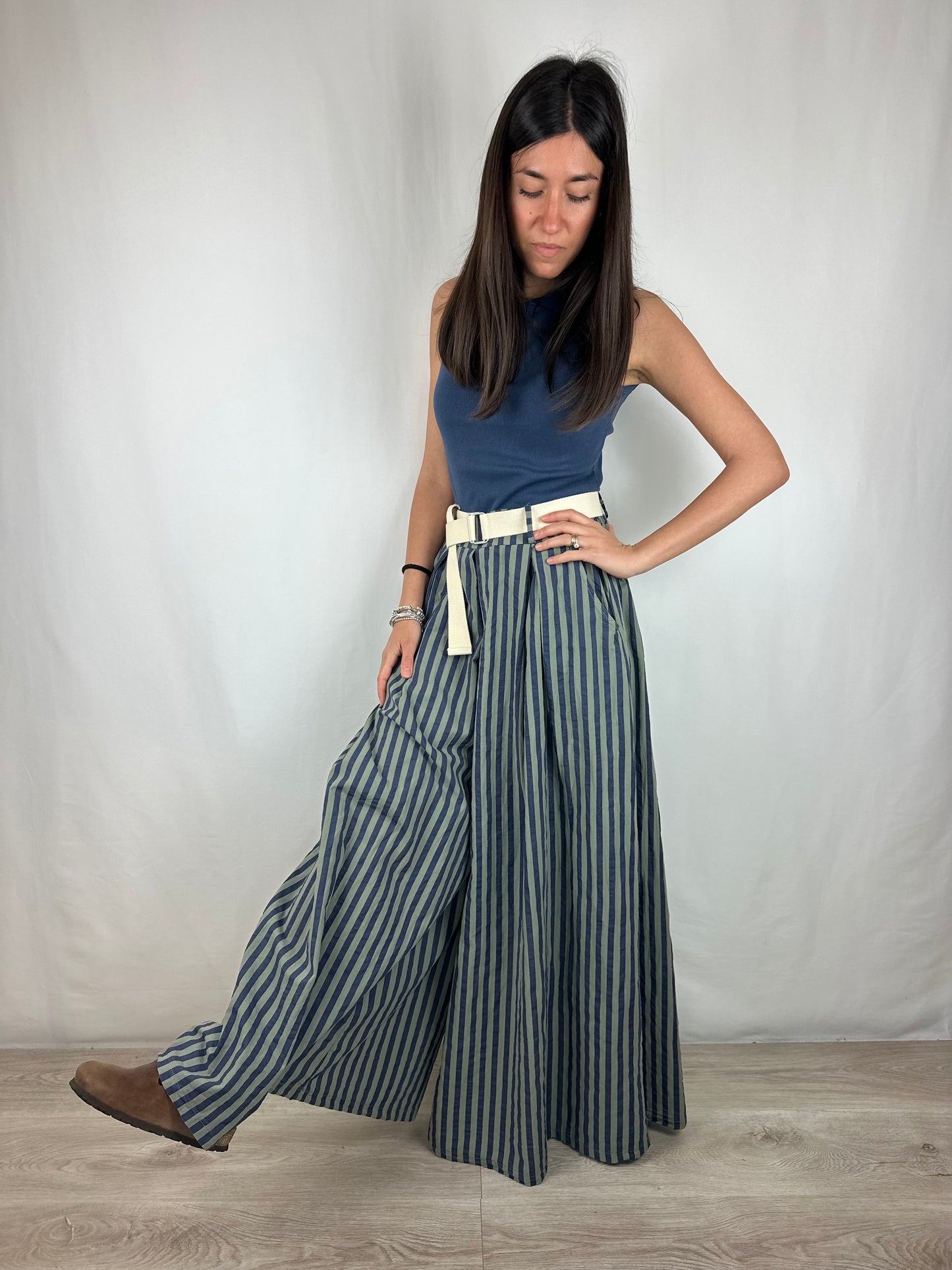 PANTALONE RIGHE BLU|VERDE SALVIA