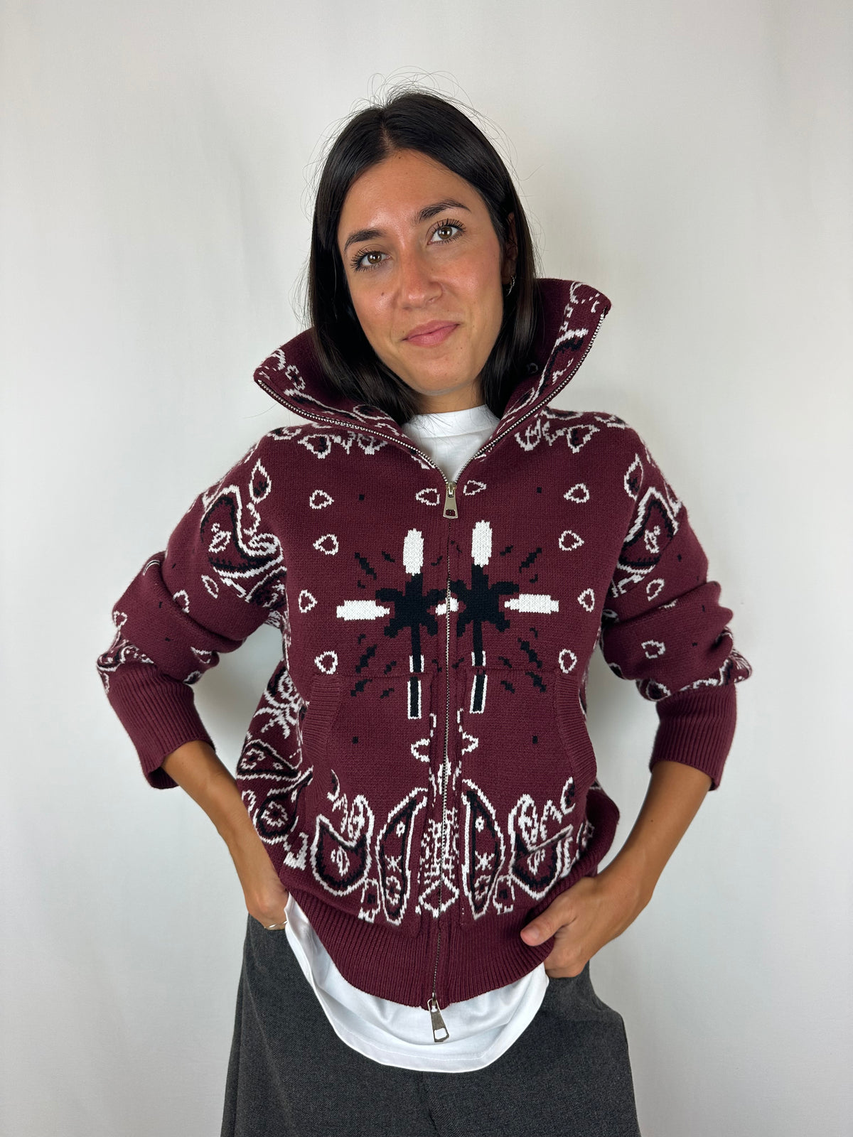 MAGLIONE BANDANA ZIP BURGUNDY