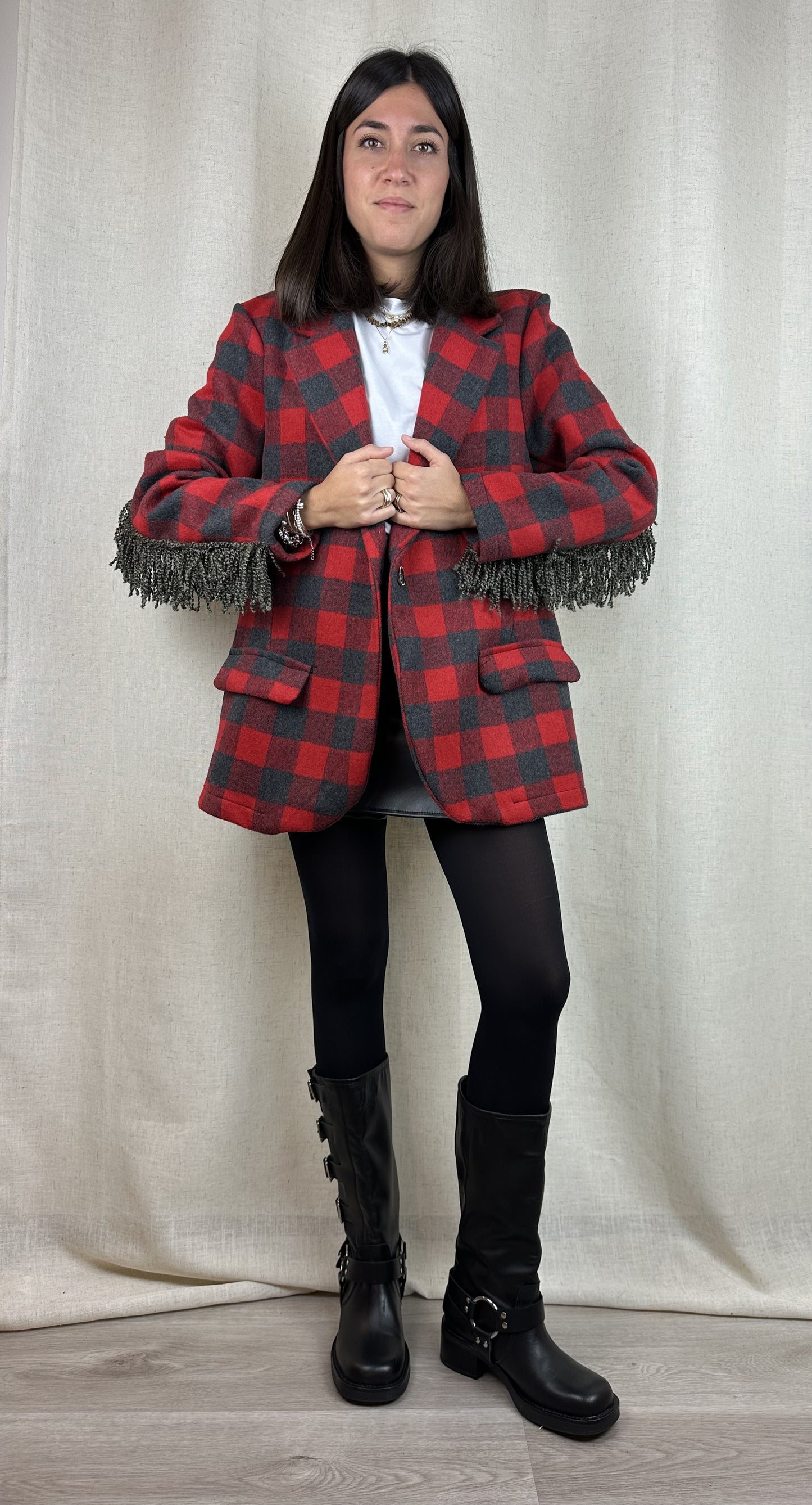 BLAZER QUADRI CON FRANGE