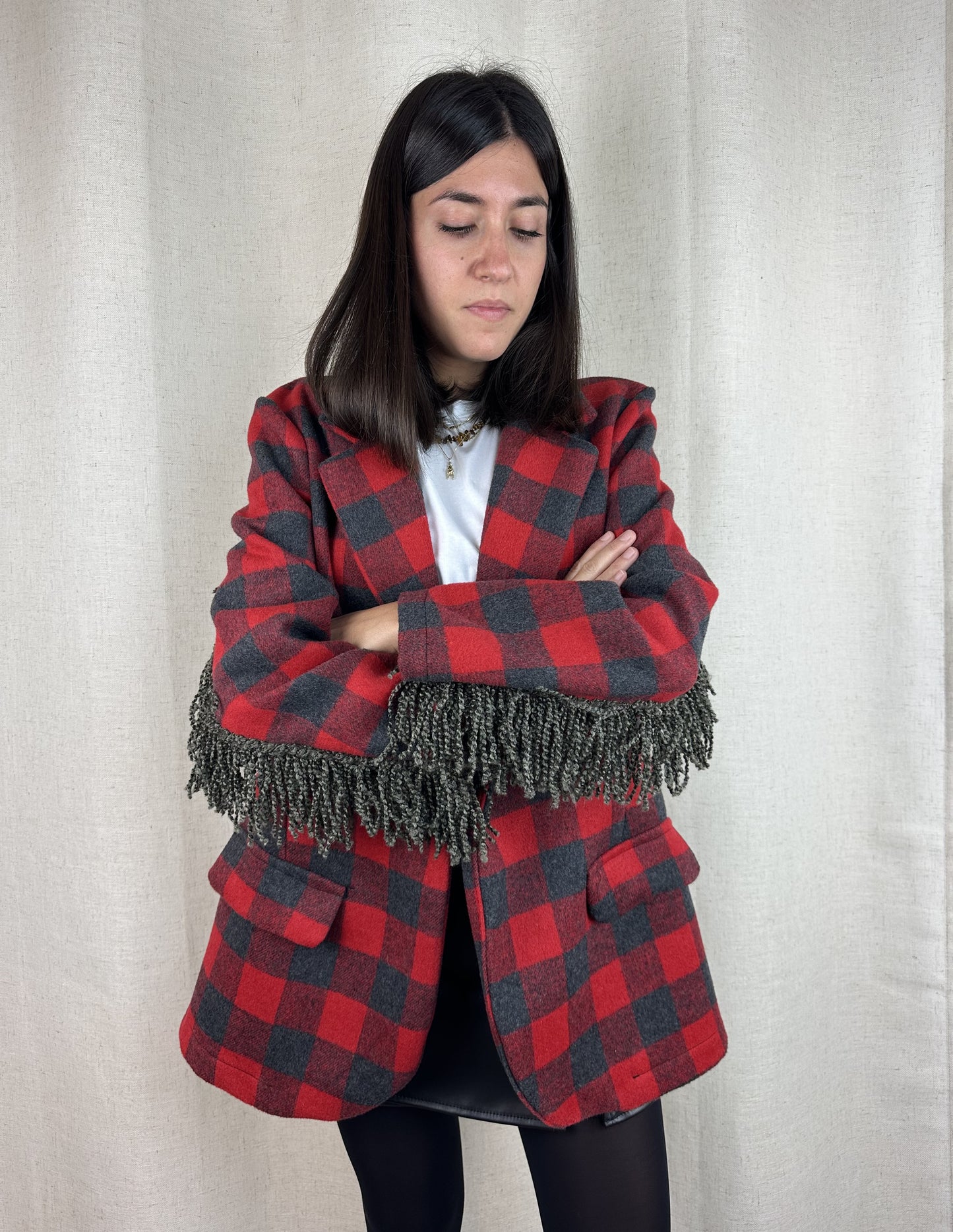 BLAZER QUADRI CON FRANGE
