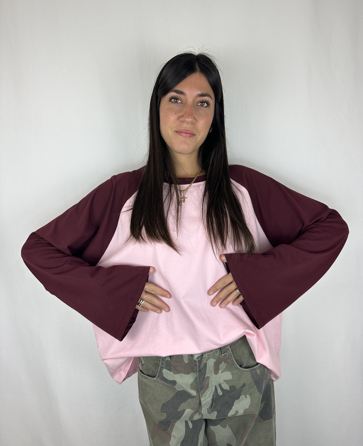 MAGLIA BICOLOR MANICA SVASATA ROSA|VINACCIA
