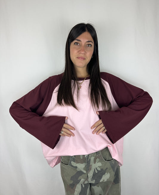 MAGLIA BICOLOR MANICA SVASATA ROSA|VINACCIA