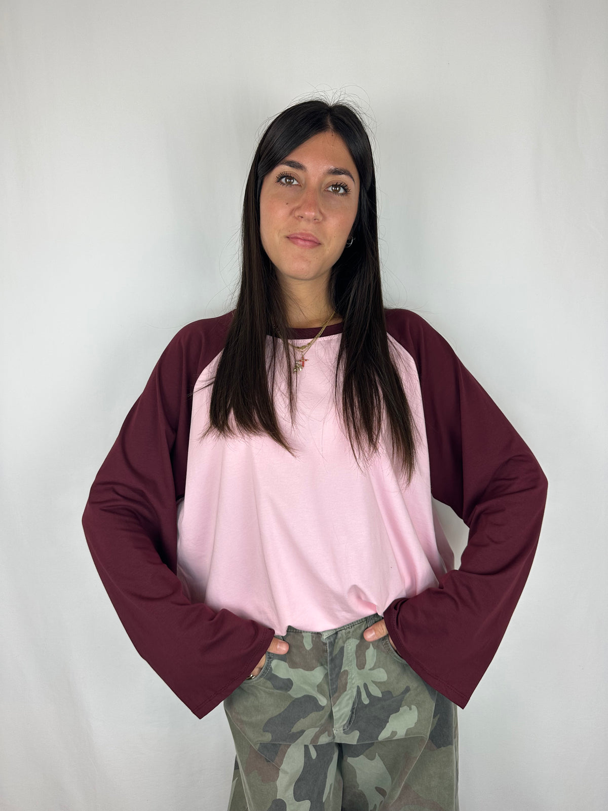 MAGLIA BICOLOR MANICA SVASATA ROSA|VINACCIA