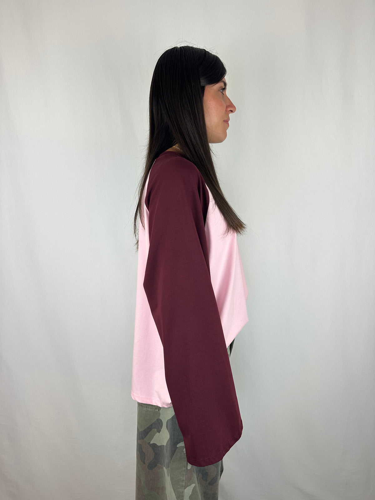 MAGLIA BICOLOR MANICA SVASATA ROSA|VINACCIA