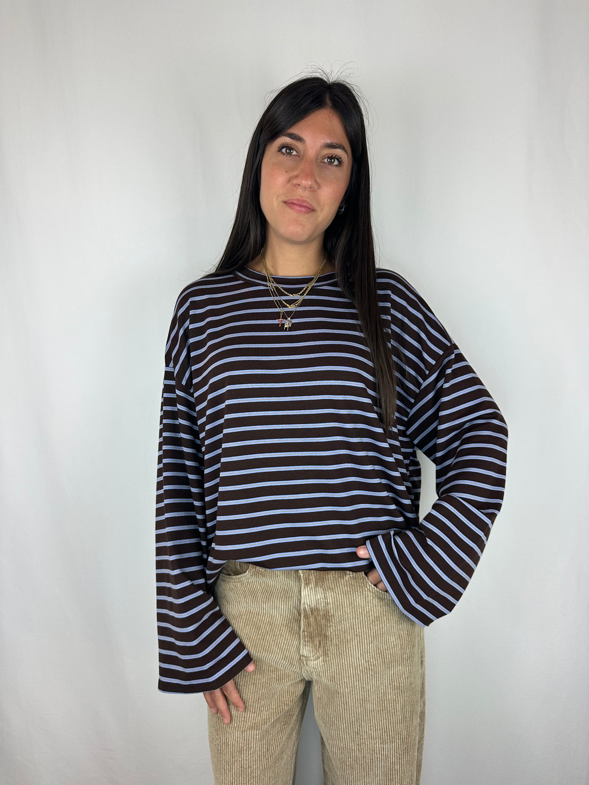 MAGLIA RIGHE MANICA SVASATA AZZURRO|MARRONE