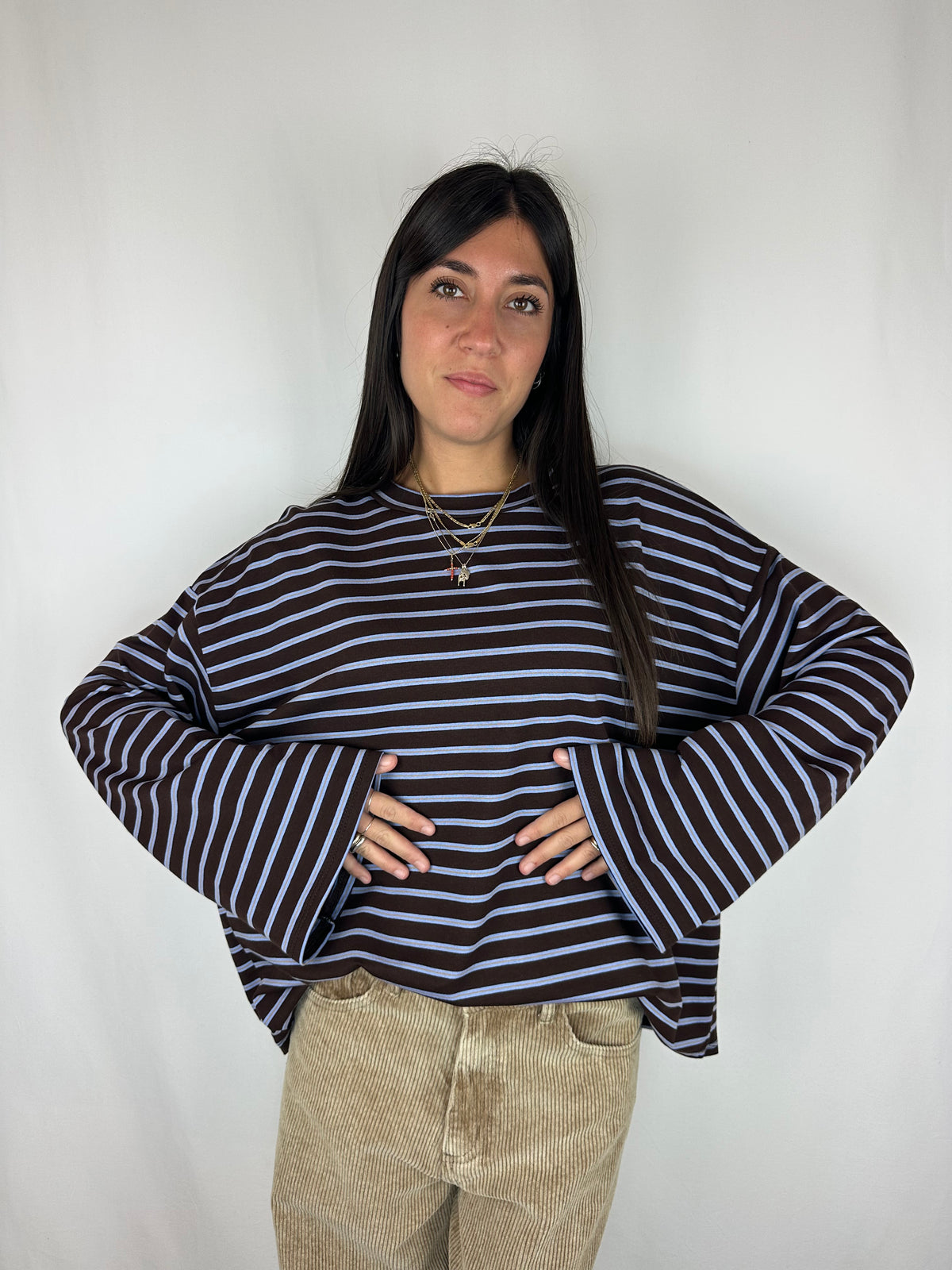 MAGLIA RIGHE MANICA SVASATA AZZURRO|MARRONE