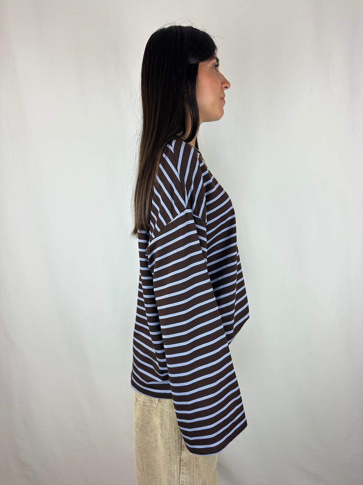 MAGLIA RIGHE MANICA SVASATA AZZURRO|MARRONE