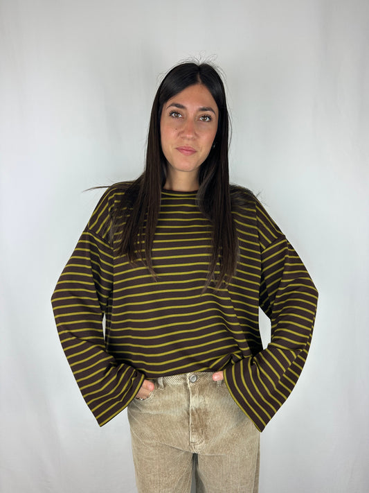 MAGLIA RIGHE MANICA SVASATA VERDE|MARRONE