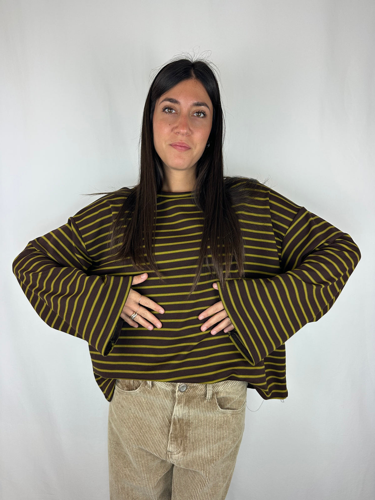 MAGLIA RIGHE MANICA SVASATA VERDE|MARRONE
