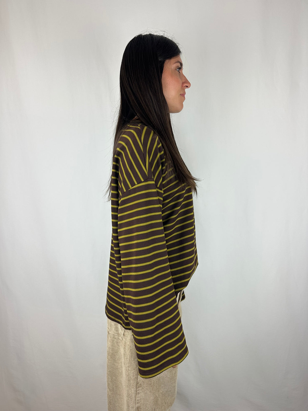 MAGLIA RIGHE MANICA SVASATA VERDE|MARRONE