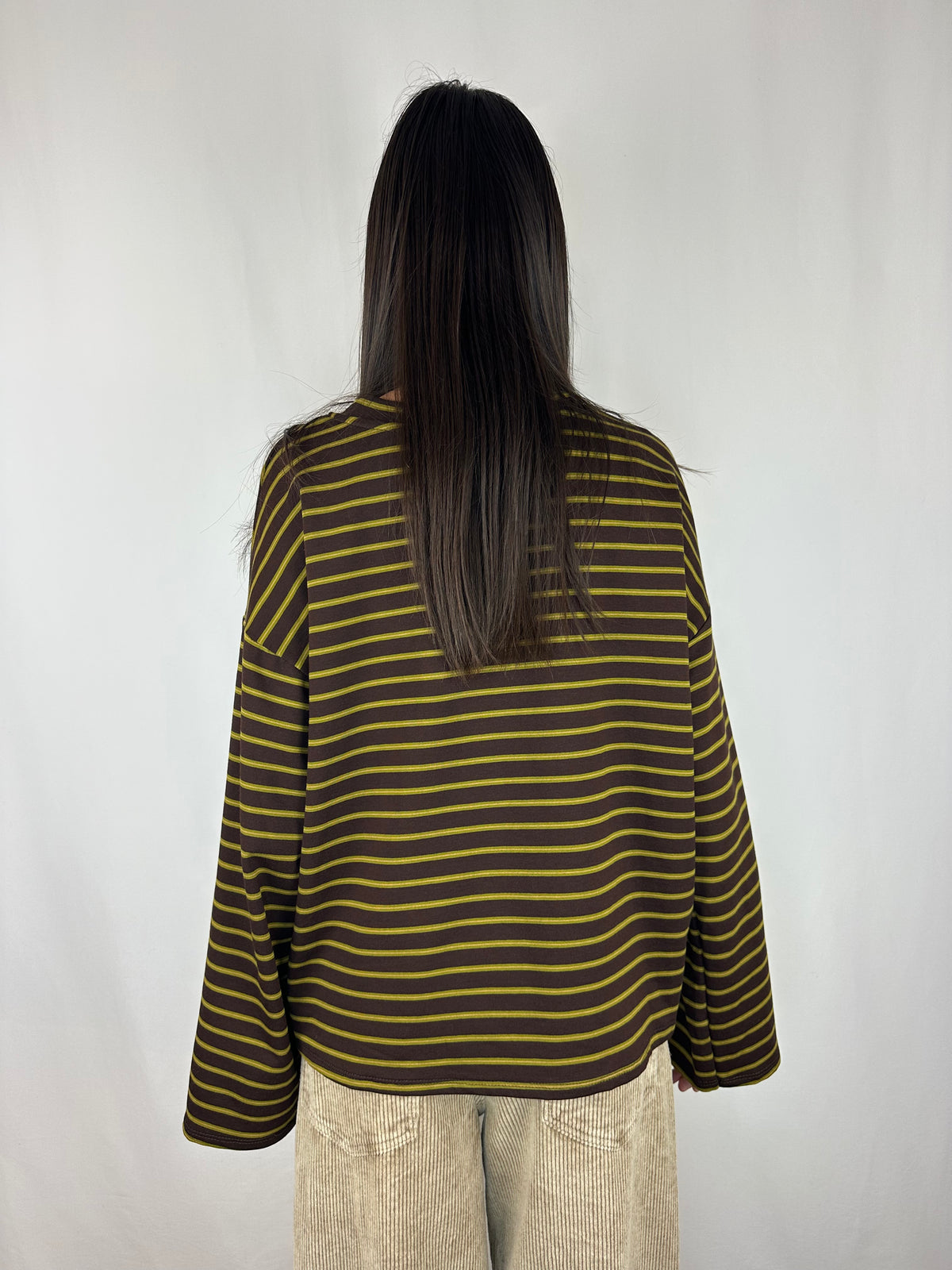 MAGLIA RIGHE MANICA SVASATA VERDE|MARRONE