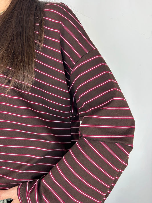 MAGLIA RIGHE MANICA SVASATA MARRONE|BORDEAUX