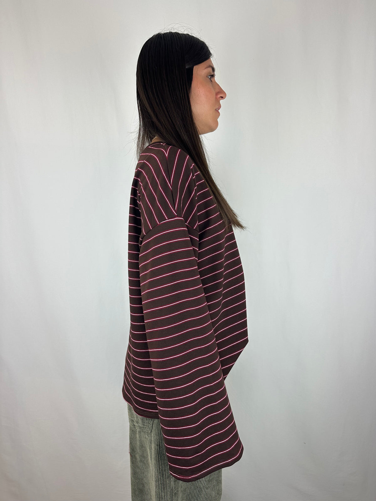MAGLIA RIGHE MANICA SVASATA MARRONE|BORDEAUX