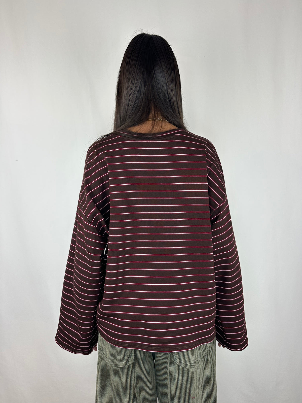 MAGLIA RIGHE MANICA SVASATA MARRONE|BORDEAUX