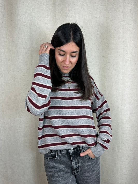 MAGLIONCINO RIGHE GRIGIO E BORDEAUX