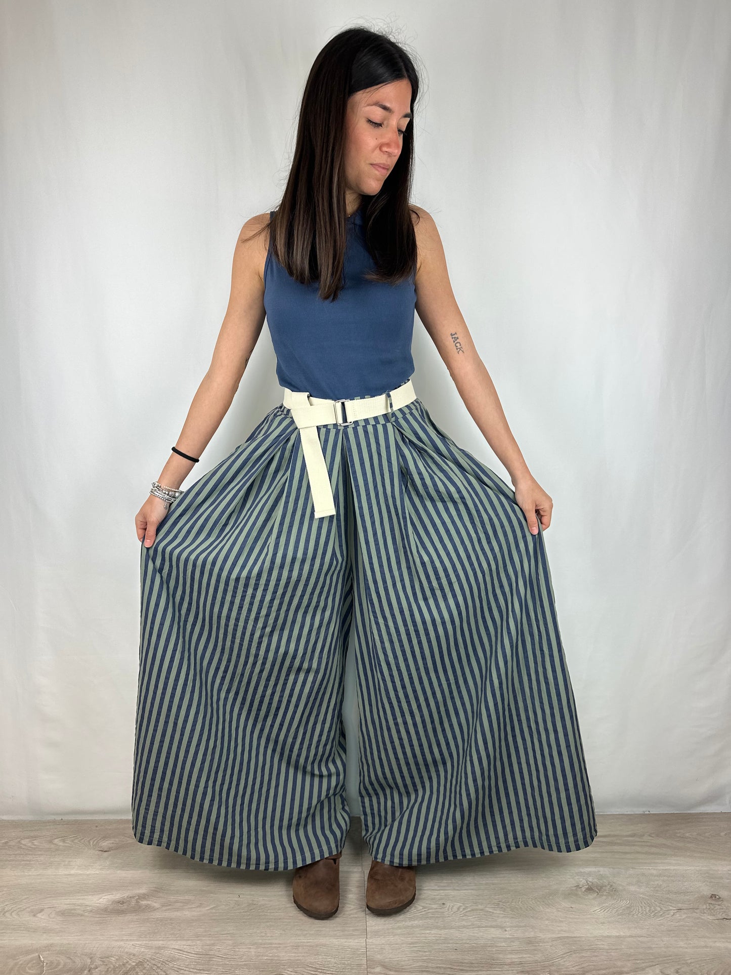 PANTALONE RIGHE BLU|VERDE SALVIA