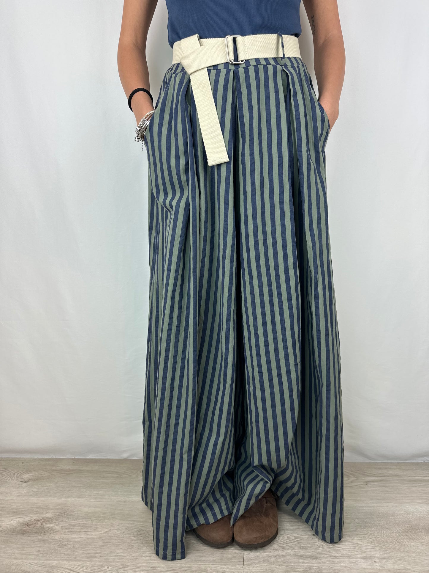 PANTALONE RIGHE BLU|VERDE SALVIA