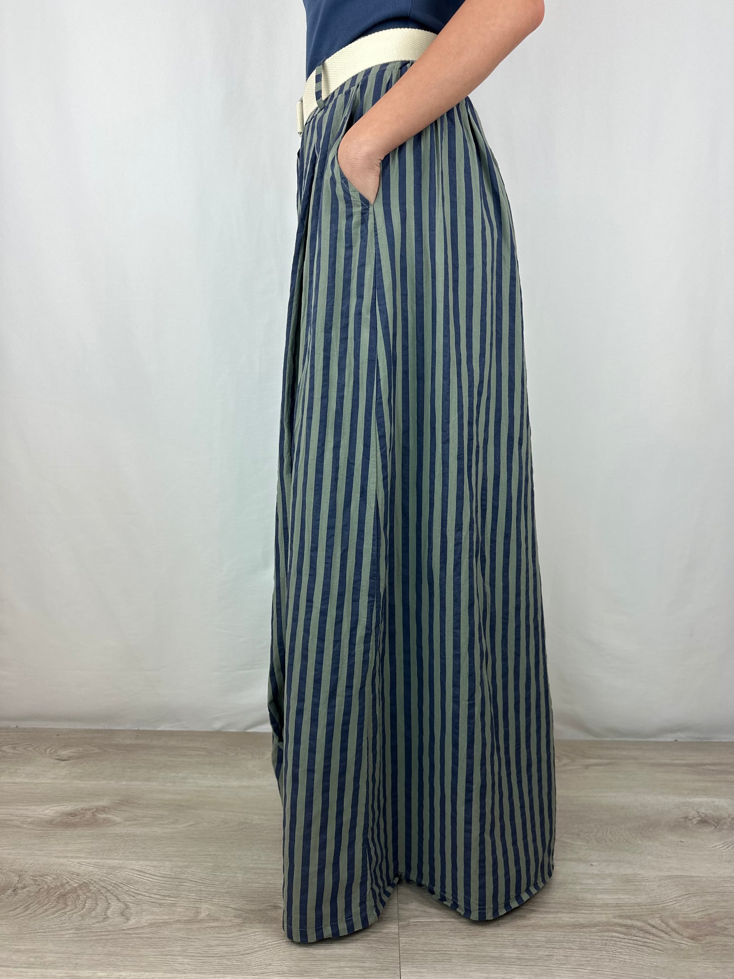 PANTALONE RIGHE BLU|VERDE SALVIA