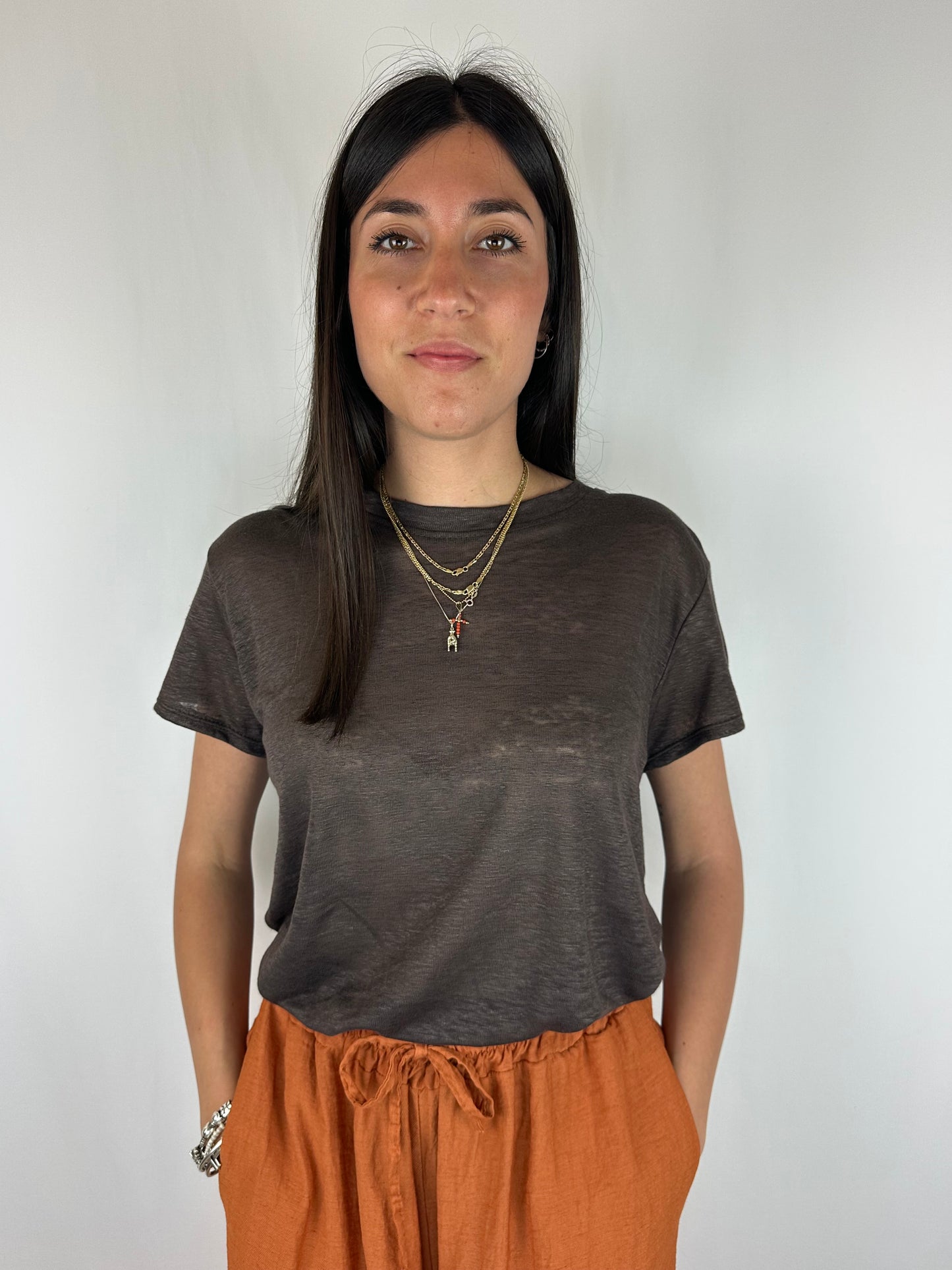 T-SHIRT MARRONE LINO