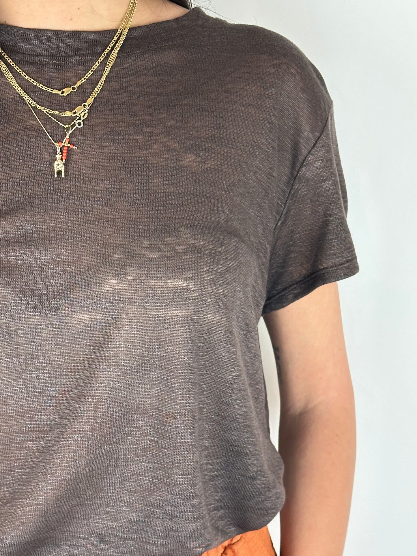 T-SHIRT MARRONE LINO